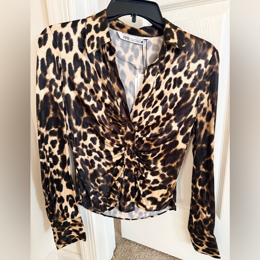 Zara Black and Brown Leopard Print Blouse